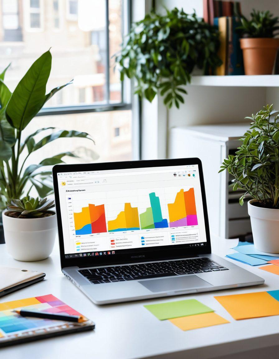 An open laptop displaying a vibrant blog dashboard filled with colorful graphs and statistics, surrounded by sticky notes with insightful tips and a steaming cup of coffee. A bright, illuminated lightbulb representing ideas and inspiration hovers above. The background features a cozy workspace with books and plants, giving a sense of creativity and knowledge. super-realistic. vibrant colors. white background.