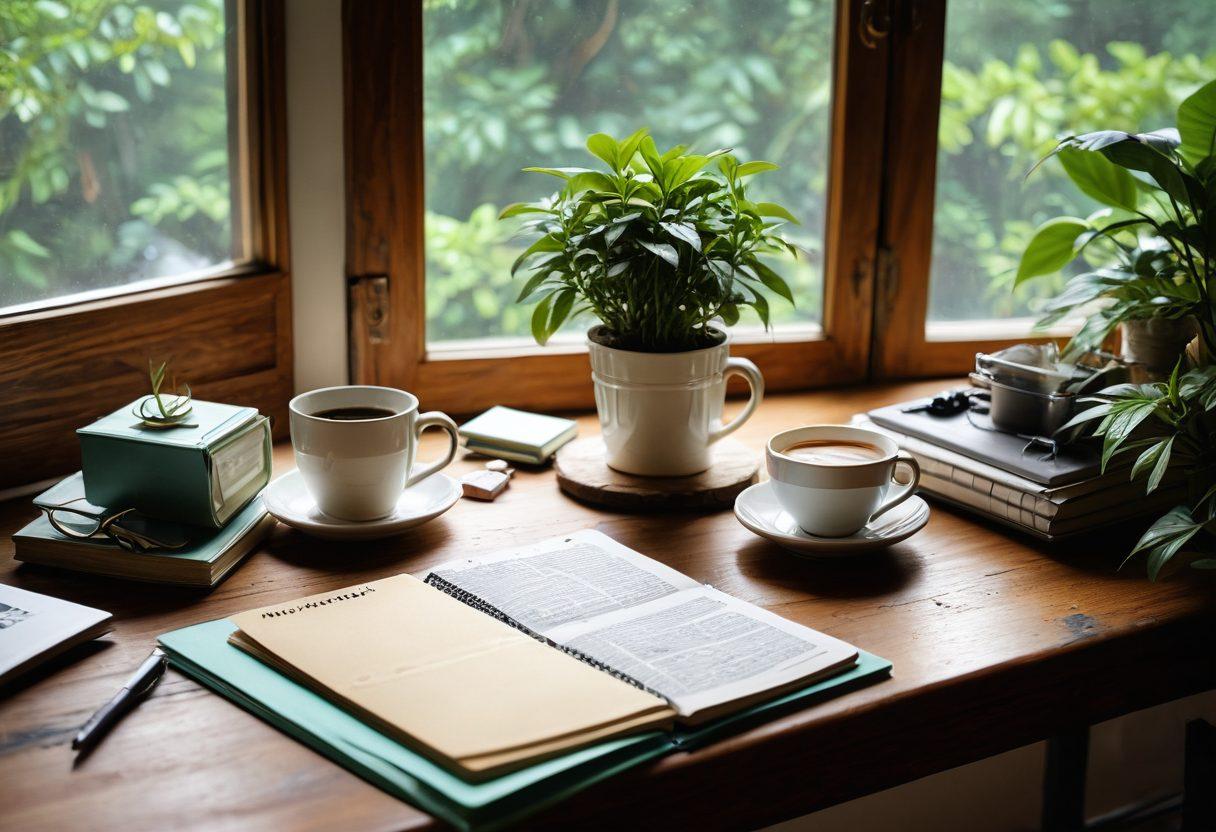 A cozy workspace with a wooden desk, an open notebook with handwritten notes, a steaming cup of coffee, and a lush plant nearby. Bright sunlight filtering through a window, creating a warm atmosphere that inspires creativity. In the background, a vision board filled with engaging blog content ideas. super-realistic. vibrant colors. inviting atmosphere.